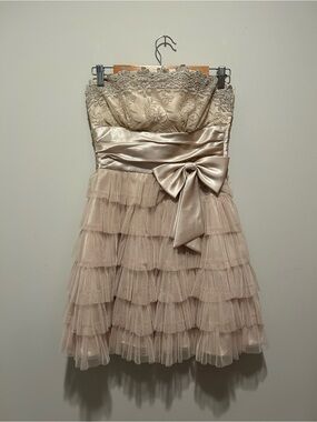 Masquerade Strapless Lace & Tiered Tulle Dress in Champagne Blush